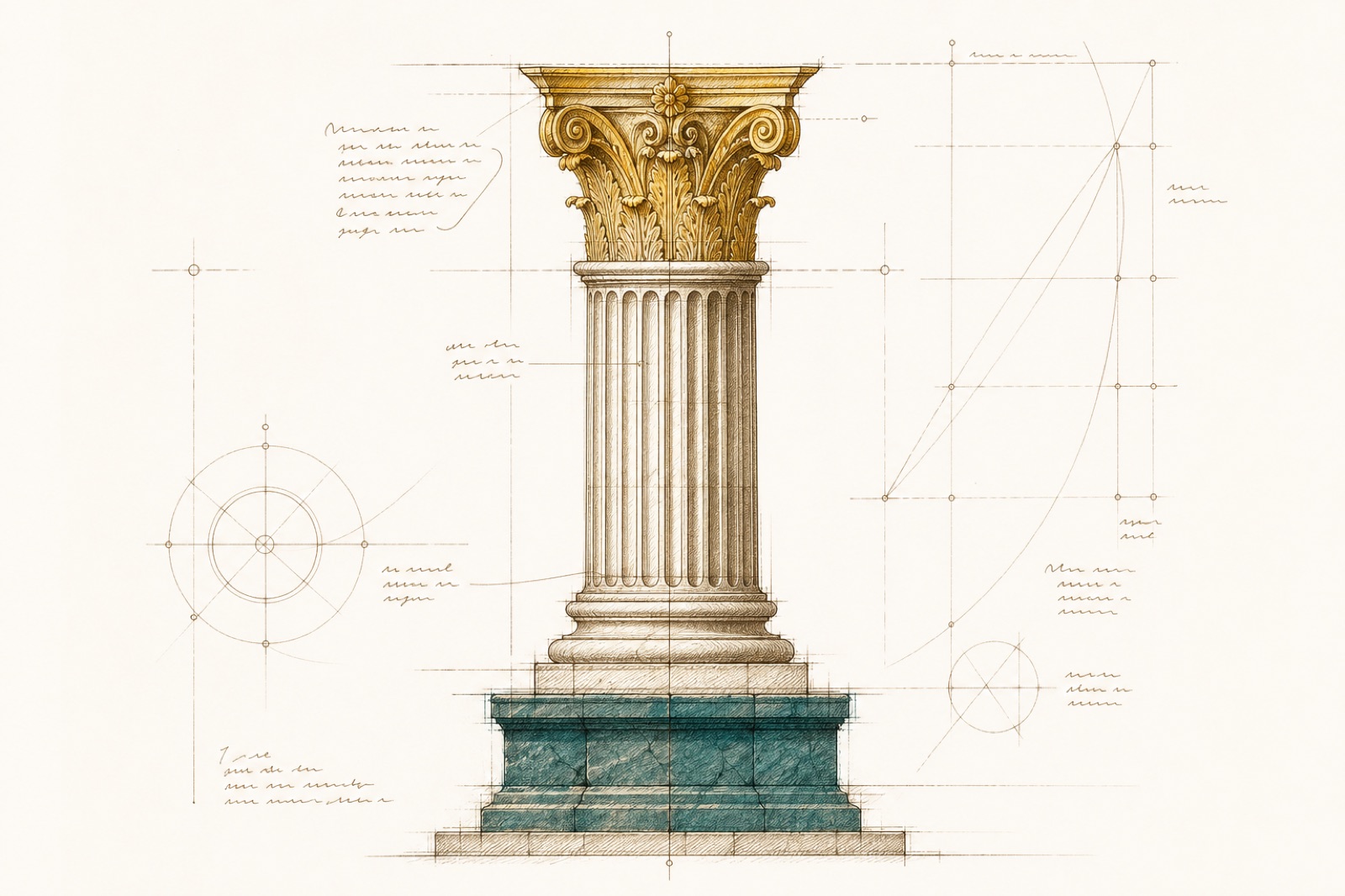 Sepia-Zeichnung eines klassischen Säulenaufrisses: breite Fundamentstufe unten, aufsteigende Säule, krönendes Kapitell oben, verbunden durch Proportionslinien