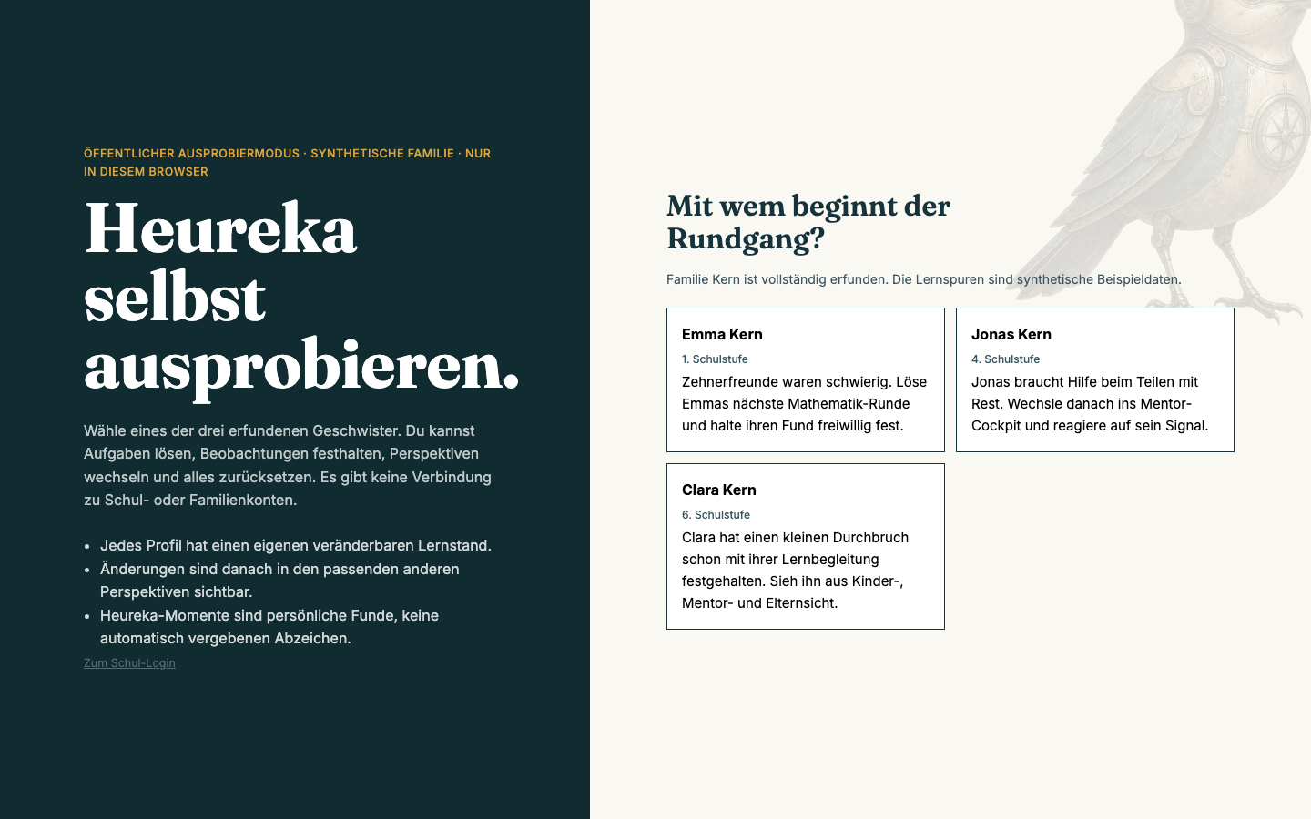 Öffentlicher Heureka-Ausprobiermodus mit den drei synthetischen Profilen Emma, Jonas und Clara
