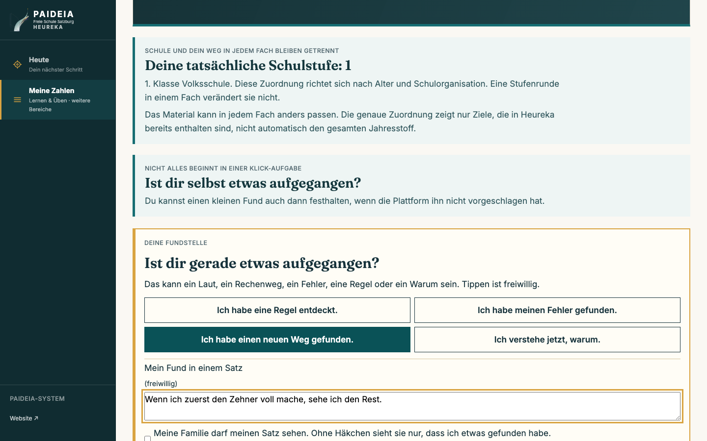 Formular für eine Heureka-Fundstelle mit freiwilliger Auswahl, kurzem eigenen Satz und Freigabe für die Familie