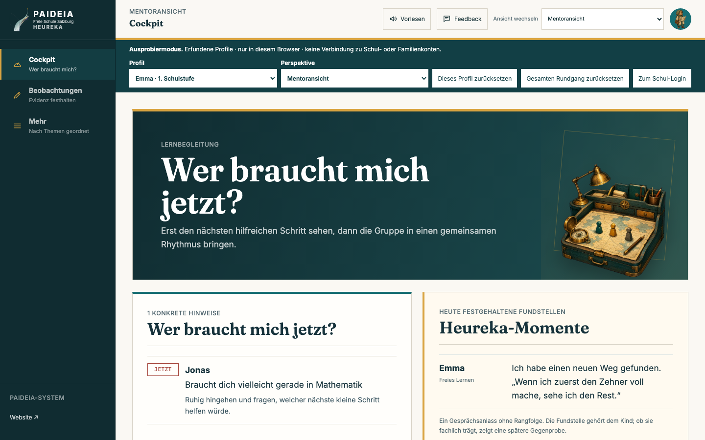Mentoransicht im Heureka-Ausprobiermodus mit einer Hilfeanfrage und einer festgehaltenen Fundstelle