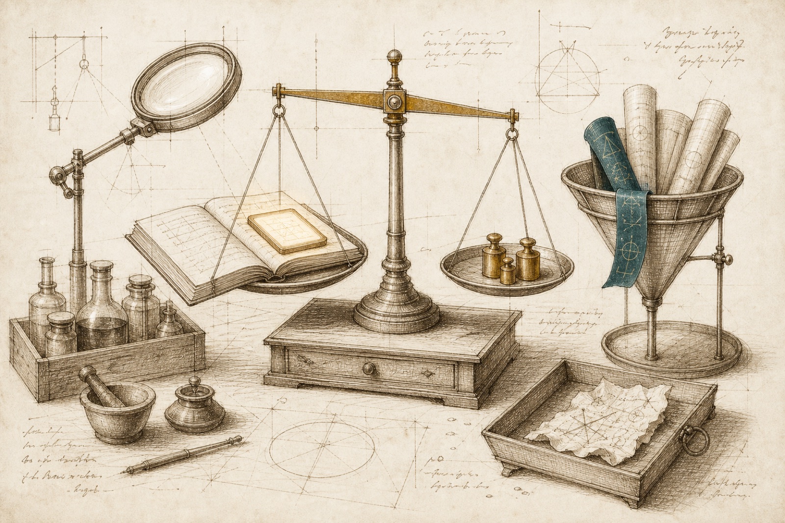 Sepia-Zeichnung eines Prüftischs: ein Buch und ein Tablet auf einer feinen Waage, gegenüber drei Messinggewichte, daneben ein Korb mit Papierrollen und eine Ablage mit einem verworfenen Blatt