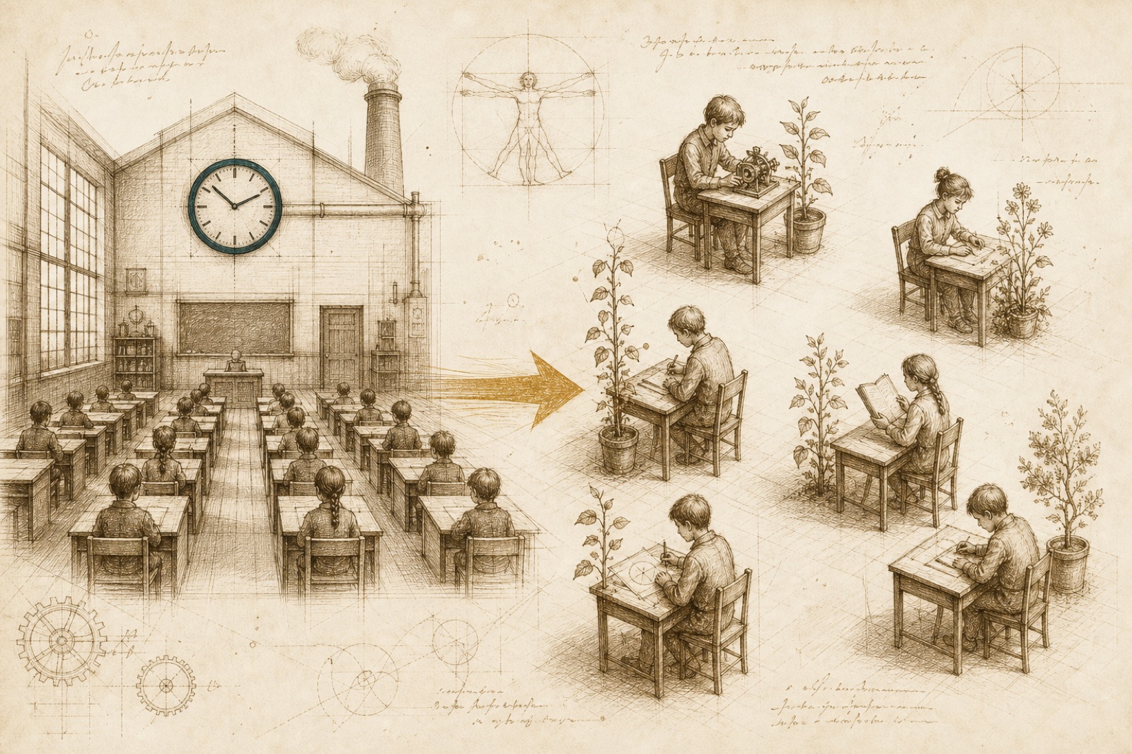 Sepia-Zeichnung: links ein alter Klassenraum mit Bänken in strengen Reihen unter einer großen Wanduhr, rechts dieselben Kinder als einzelne Arbeitsplätze mit eigenem Tempo, dazwischen ein goldener Zeitpfeil