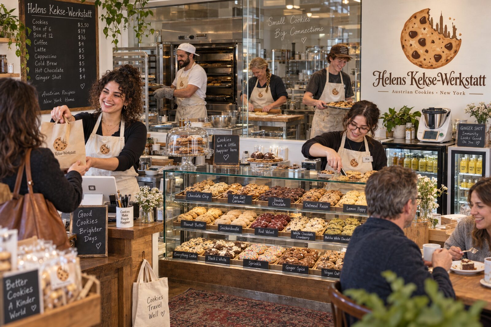 Fotorealistische Visualisierung einer gemütlichen Bäckerei in New York mit fünf Mitarbeitenden hinter einer Theke voller Kekse
