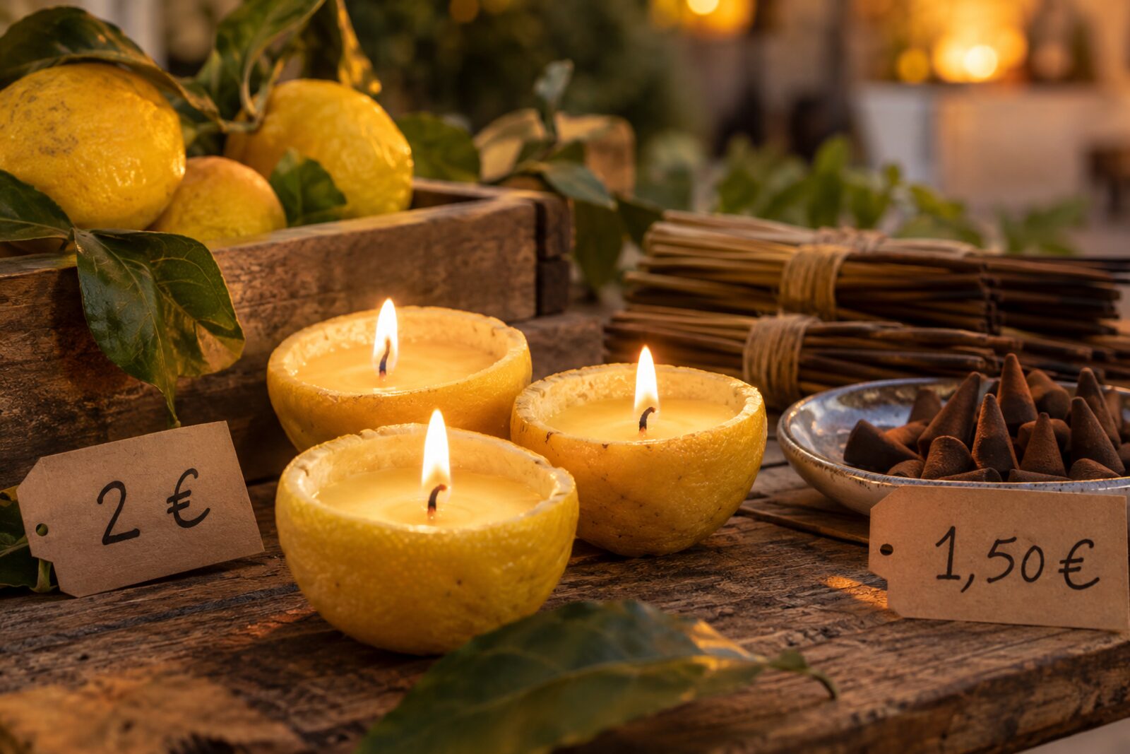 Fotorealistische Visualisierung: drei brennende Kerzen in halben Zitronenschalen auf einem Holztisch, daneben Räucherstäbchen und Preisschilder mit 2 € und 1,50 €