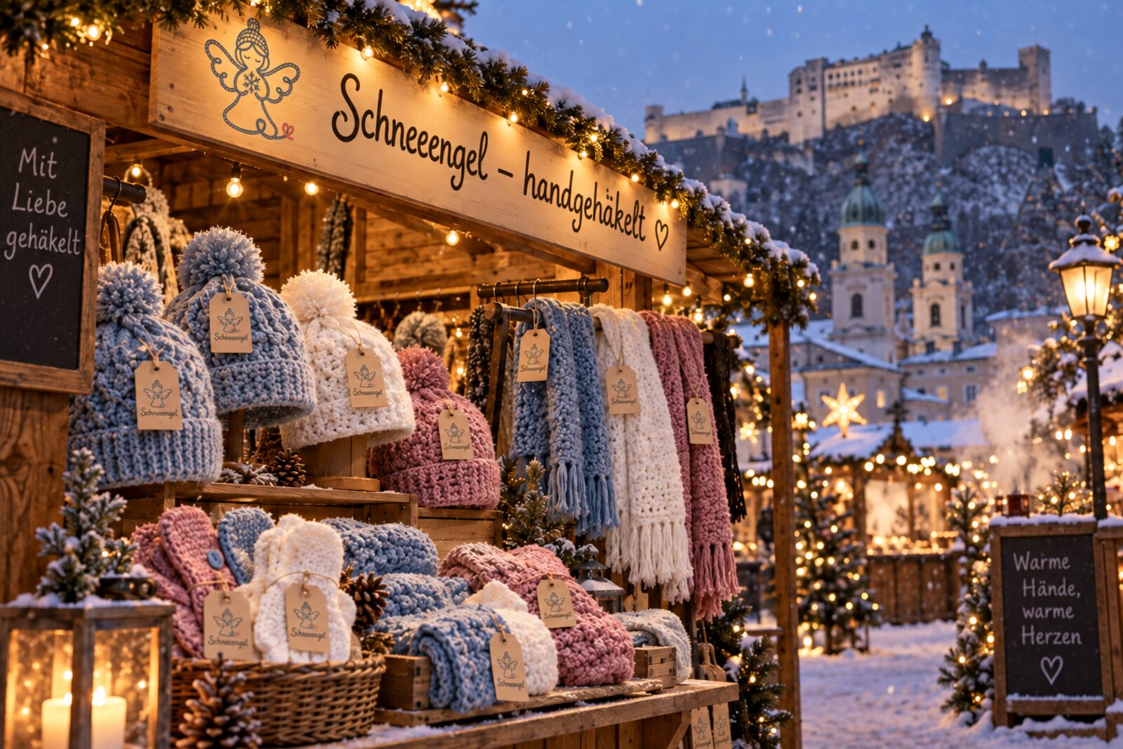 Fotorealistische Visualisierung eines Holzstands am verschneiten Salzburger Christkindlmarkt mit gehäkelten Mützen, Schals und Handschuhen und dem Schild Schneeengel, im Hintergrund die Festung Hohensalzburg