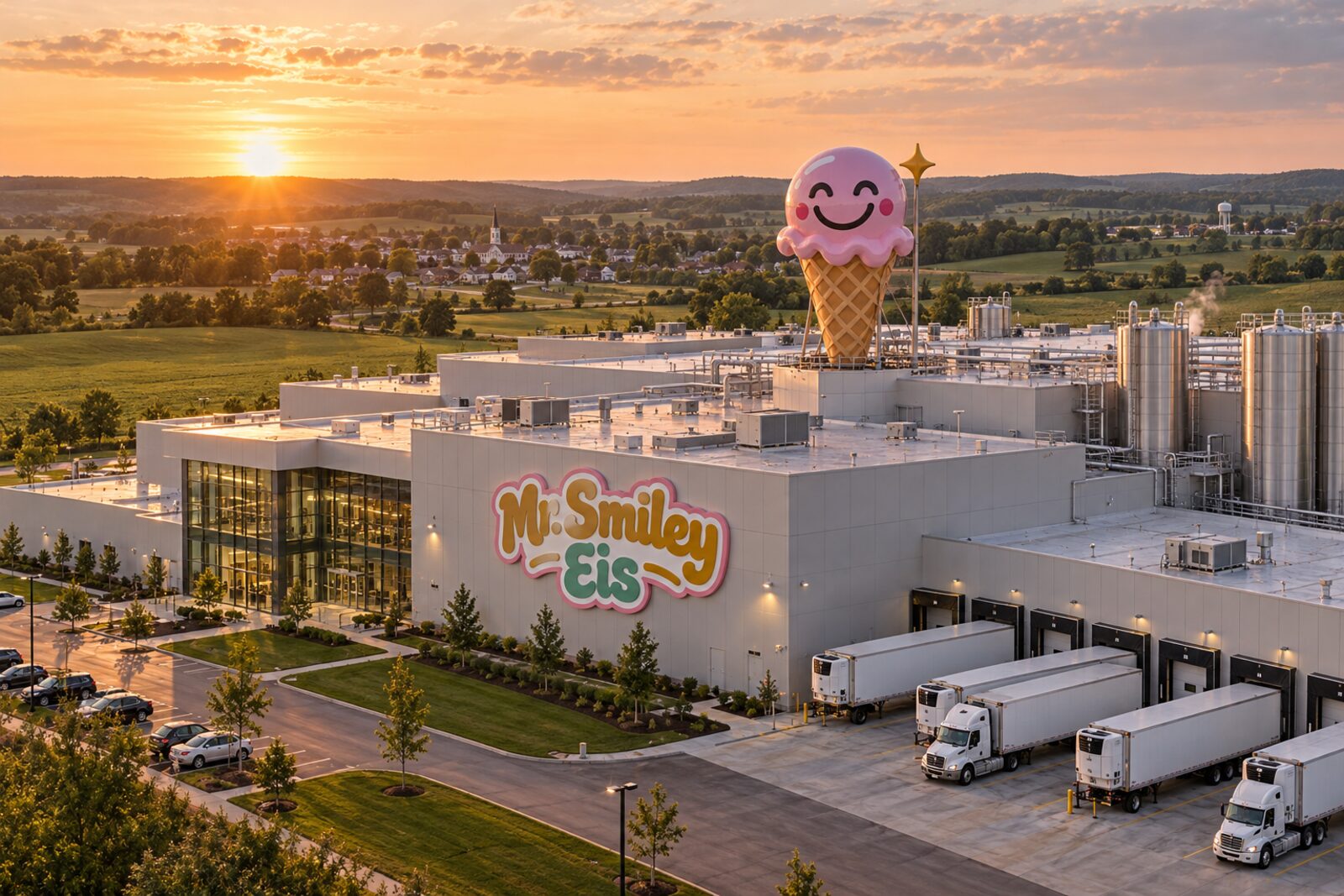 Fotorealistische Luftaufnahme einer großen Eisfabrik in grüner Landschaft bei Sonnenuntergang, auf dem Dach eine riesige Eistüte mit Smiley und der Schriftzug Mr. Smiley Eis