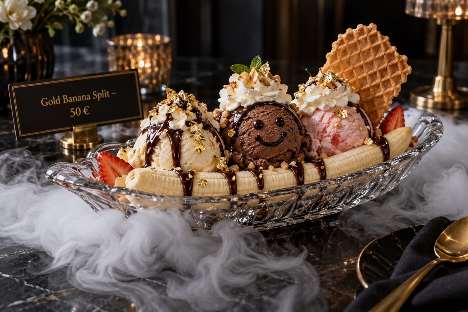 Fotorealistische Visualisierung eines luxuriösen Bananensplits in einer Kristallschale mit Blattgold, drei Kugeln Eis, eine davon mit Schokoladen-Smiley, umgeben von Trockeneisnebel, daneben ein Schild Gold Banana Split 50 €