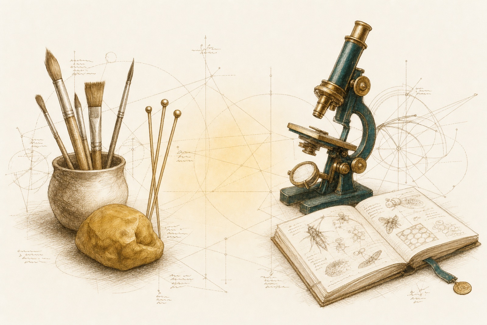 Sepia-Zeichnung, die eine künstlerische Stillleben-Seite (Aquarellpinsel, Bienenwachs, Stricknadeln) neben ein wissenschaftliches Instrument (Messingmikroskop, Notizbuch) stellt